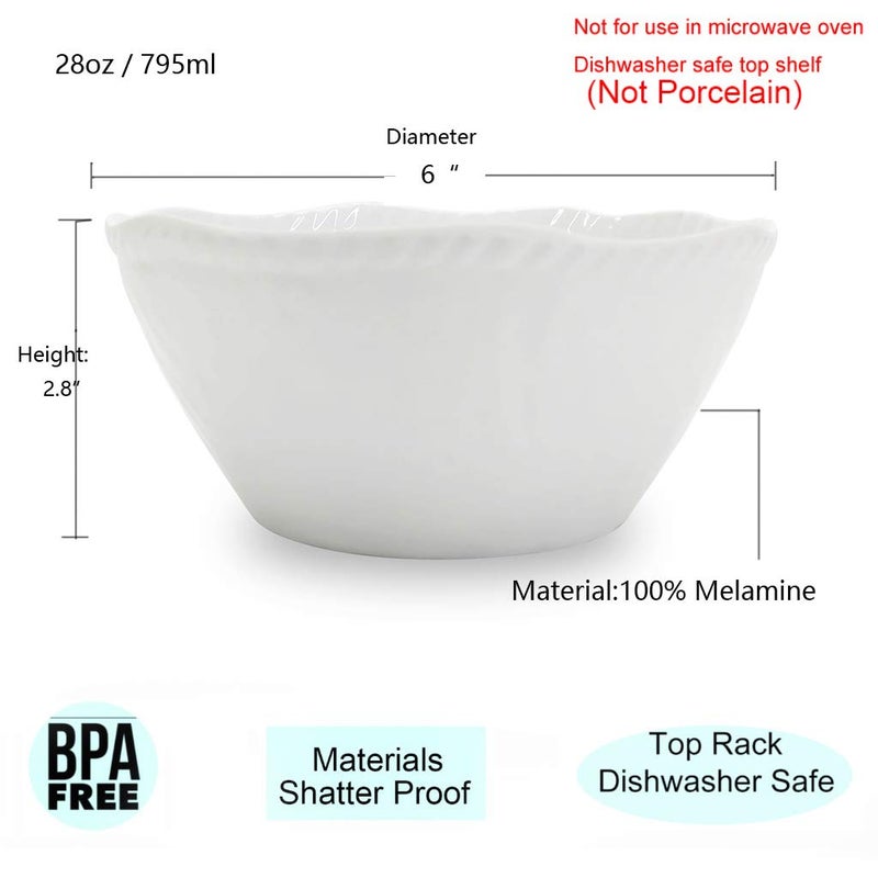 KX-WARE Melamine Cereal Bowls Set - 28 oz/6 inch 100% Melamine Soup/Salad Bowls | set of 6, White | Break-resistant and Dishwasher Safe, BPA Free - Image 2